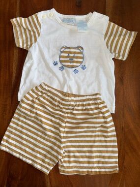 Basic Editions White and Mustard Striped Bear Kids Matching Set vintage